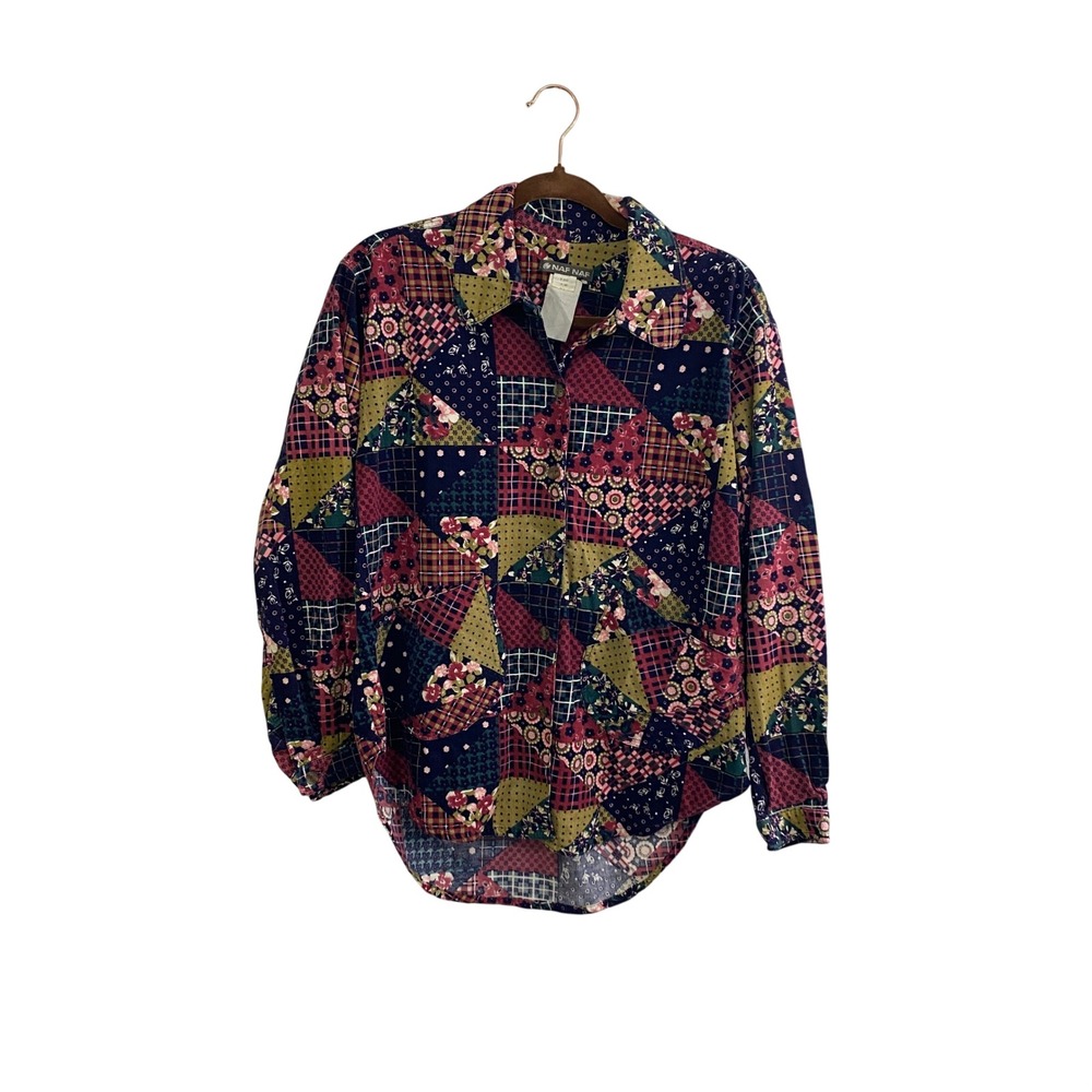 Vintage Naf Naf Patchwork Corduroy‎ Shirt Button Up 90s Boho Cottagecore PTP 21"